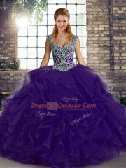 Admirable Straps Sleeveless Quinceanera Gown Floor Length Beading and Ruffles Purple Tulle