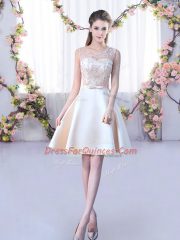 Satin Scoop Sleeveless Lace Up Lace and Belt Vestidos de Damas in Champagne