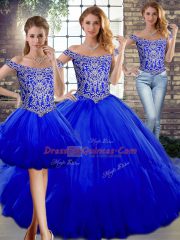 Glorious Sleeveless Floor Length Beading and Ruffles Lace Up Quinceanera Dress with Royal Blue