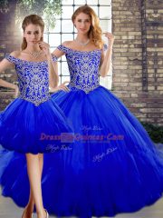 Glorious Sleeveless Floor Length Beading and Ruffles Lace Up Quinceanera Dress with Royal Blue