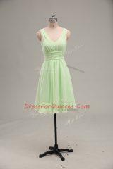 Glorious V-neck Sleeveless Prom Dress Mini Length Ruching Yellow Green Chiffon