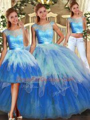 Fashion Multi-color Ball Gowns Scoop Sleeveless Tulle Floor Length Lace Up Lace and Ruffles 15 Quinceanera Dress