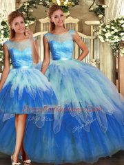 Fashion Multi-color Ball Gowns Scoop Sleeveless Tulle Floor Length Lace Up Lace and Ruffles 15 Quinceanera Dress