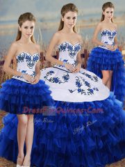 Organza Sweetheart Sleeveless Lace Up Embroidery and Ruffled Layers and Bowknot Quinceanera Gown in Royal Blue