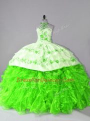 Exceptional Ball Gowns Halter Top Sleeveless Organza Court Train Lace Up Embroidery and Ruffles Sweet 16 Quinceanera Dress