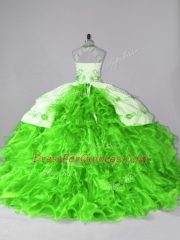 Exceptional Ball Gowns Halter Top Sleeveless Organza Court Train Lace Up Embroidery and Ruffles Sweet 16 Quinceanera Dress