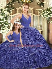Lavender Backless V-neck Ruffles Vestidos de Quinceanera Organza Sleeveless Brush Train