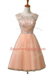 High Class Peach Zipper Prom Evening Gown Beading Sleeveless Mini Length