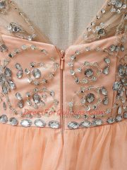 High Class Peach Zipper Prom Evening Gown Beading Sleeveless Mini Length