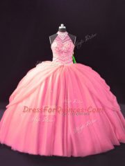 Designer Ball Gowns Quinceanera Dresses Pink Halter Top Tulle Sleeveless Lace Up