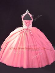 Designer Ball Gowns Quinceanera Dresses Pink Halter Top Tulle Sleeveless Lace Up
