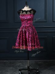 Fashion Scoop Cap Sleeves Backless Dress for Prom Hot Pink Printed
