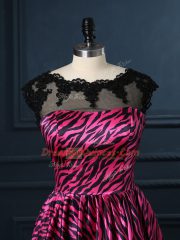 Fashion Scoop Cap Sleeves Backless Dress for Prom Hot Pink Printed