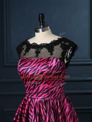 Fashion Scoop Cap Sleeves Backless Dress for Prom Hot Pink Printed