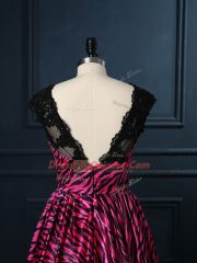 Fashion Scoop Cap Sleeves Backless Dress for Prom Hot Pink Printed