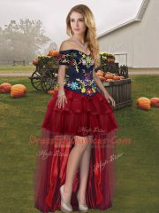 Sleeveless Organza High Low Lace Up Prom Evening Gown in Wine Red with Embroidery and Ruffled Layers