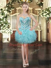 Glittering Mini Length Lace Up Evening Dress Aqua Blue for Prom and Party with Beading and Ruffles