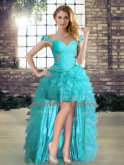 Sleeveless Organza High Low Lace Up Prom Party Dress in Aqua Blue with Beading and Ruffles