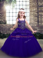 Straps Sleeveless Evening Gowns Floor Length Beading Purple Tulle