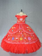 Excellent Red Ball Gowns Off The Shoulder Sleeveless Satin Floor Length Lace Up Embroidery Ball Gown Prom Dress