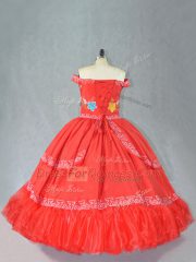 Excellent Red Ball Gowns Off The Shoulder Sleeveless Satin Floor Length Lace Up Embroidery Ball Gown Prom Dress