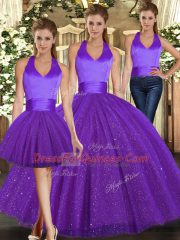 High Quality Sleeveless Sequined Floor Length Lace Up Quinceanera Gown in Purple with Ruching