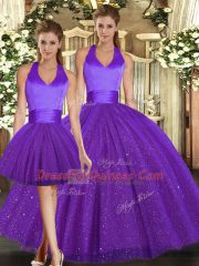 High Quality Sleeveless Sequined Floor Length Lace Up Quinceanera Gown in Purple with Ruching