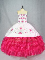 Unique Hot Pink Ball Gowns Embroidery and Ruffled Layers Sweet 16 Quinceanera Dress Lace Up Satin and Organza Sleeveless