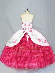 Unique Hot Pink Ball Gowns Embroidery and Ruffled Layers Sweet 16 Quinceanera Dress Lace Up Satin and Organza Sleeveless
