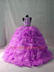 Lilac Two Pieces Beading and Ruffles Quince Ball Gowns Zipper Organza and Sequined Sleeveless