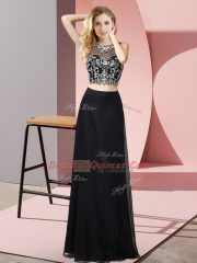 Fine Black Chiffon Backless Scoop Sleeveless Floor Length Evening Dress Beading