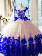 Scoop Sleeveless Satin and Organza Quinceanera Dresses Hand Made Flower Brush Train Zipper