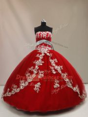 Tulle Strapless Sleeveless Lace Up Appliques 15 Quinceanera Dress in Red