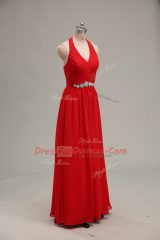 Sleeveless Chiffon Floor Length Zipper Evening Dress in Red with Beading and Ruching