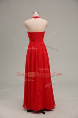 Sleeveless Chiffon Floor Length Zipper Evening Dress in Red with Beading and Ruching