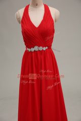 Sleeveless Chiffon Floor Length Zipper Evening Dress in Red with Beading and Ruching