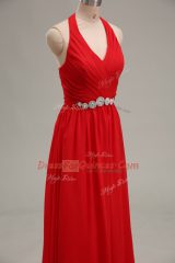 Sleeveless Chiffon Floor Length Zipper Evening Dress in Red with Beading and Ruching