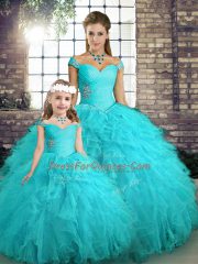 Aqua Blue Sweet 16 Dresses Military Ball and Sweet 16 and Quinceanera with Beading and Ruffles Off The Shoulder Sleeveless Lace Up