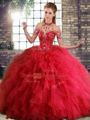 Spectacular Ball Gowns Quince Ball Gowns Red Halter Top Tulle Sleeveless Floor Length Lace Up