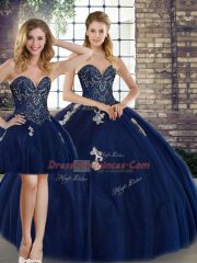 Hot Sale Navy Blue Tulle Lace Up Sweetheart Sleeveless Floor Length Quinceanera Gown Beading and Appliques
