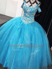 Tulle Straps Sleeveless Lace Up Beading Sweet 16 Dresses in Baby Blue