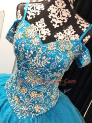 Tulle Straps Sleeveless Lace Up Beading Sweet 16 Dresses in Baby Blue