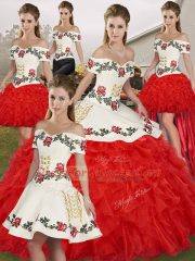 Sleeveless Floor Length Embroidery and Ruffles Lace Up Quinceanera Gowns with White And Red
