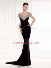 Fantastic Black V-neck Backless Beading Brush Train Sleeveless