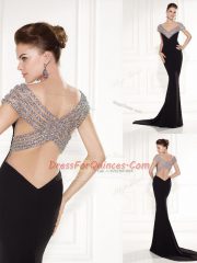 Fantastic Black V-neck Backless Beading Brush Train Sleeveless