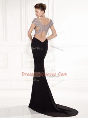 Fantastic Black V-neck Backless Beading Brush Train Sleeveless