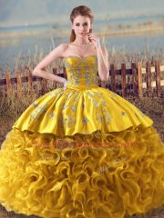 Sumptuous Gold Lace Up Sweetheart Embroidery and Ruffles Quinceanera Gowns Fabric With Rolling Flowers Sleeveless