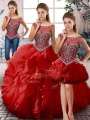 Sleeveless Floor Length Beading and Ruffles Lace Up Quinceanera Dress with Red