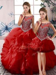 Sleeveless Floor Length Beading and Ruffles Lace Up Quinceanera Dress with Red