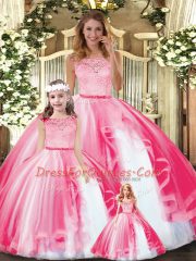 Fashionable Hot Pink Quinceanera Gowns Military Ball and Sweet 16 and Quinceanera with Lace and Ruffles Scoop Sleeveless Clasp Handle